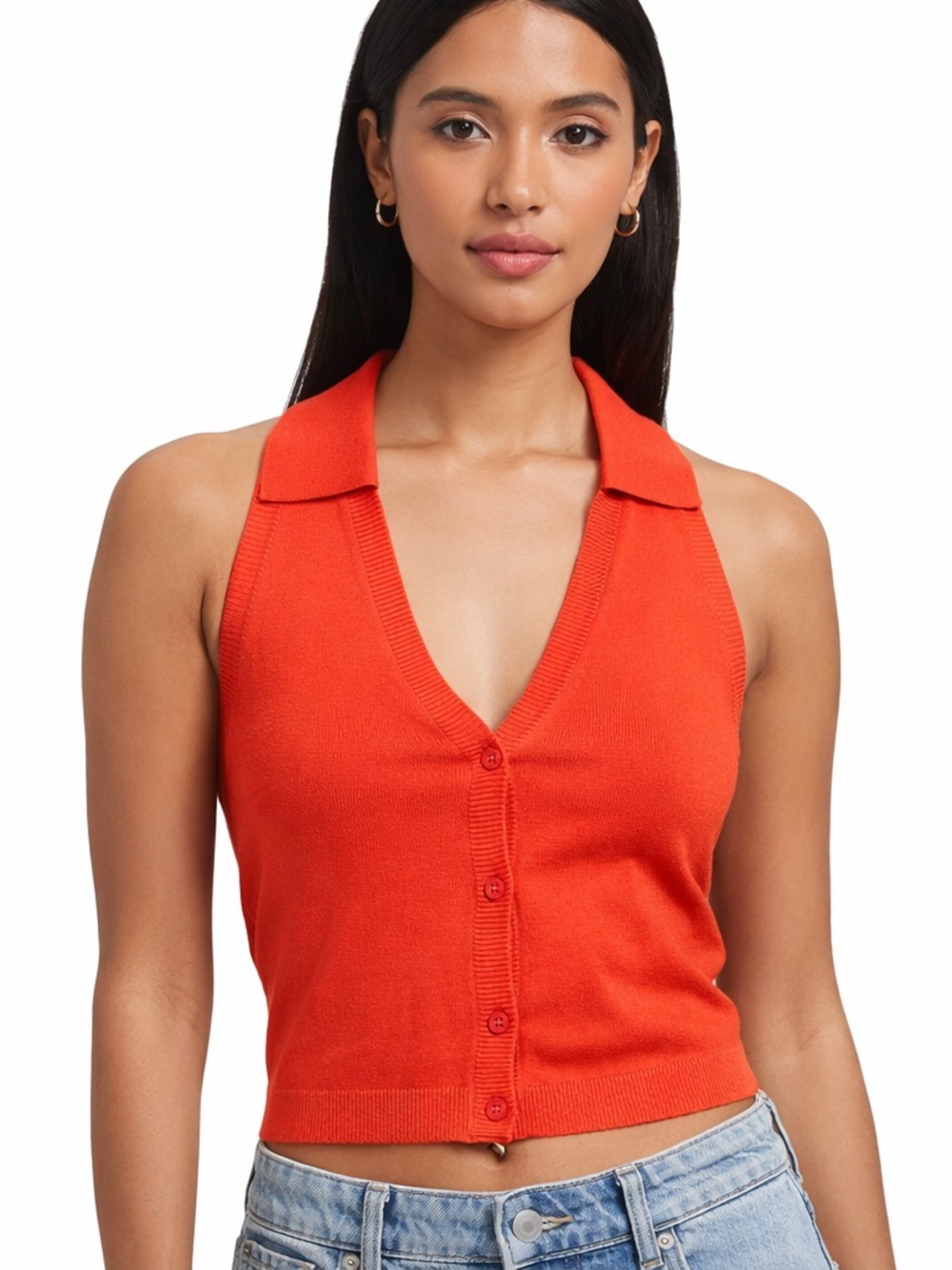 525 America Women's Collared V-Neck Button-Front Halter Top - Orange Size Large